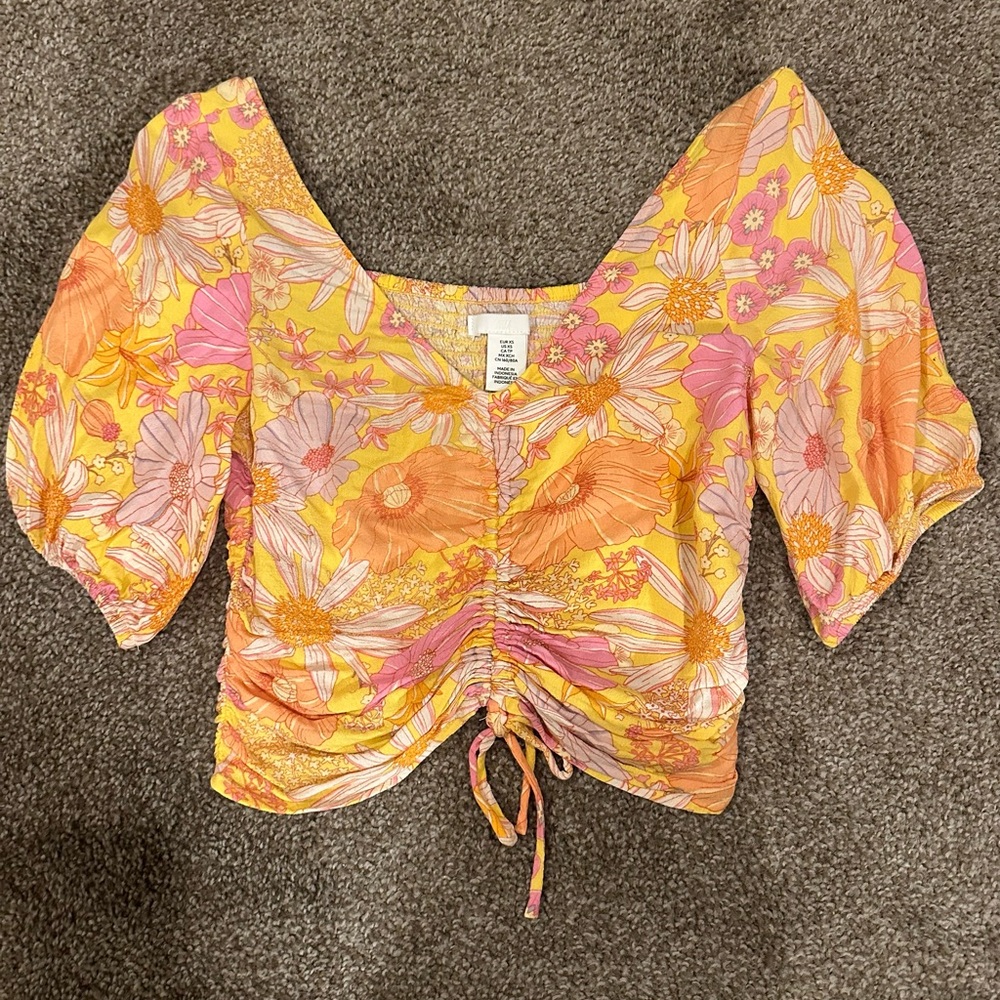 Floral Ruched Top in Orange and Pink
